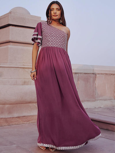 Maroon Cross Neck Georgette Long Dress